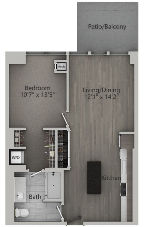 Floor plan for 1 bed, 1 bath, 739 sqft